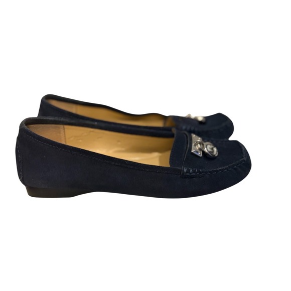 Michael Kors Navy Blue Suede Loafers Silver MK Padlock Hardware Flats Womens Sz6 - Picture 3 of 6